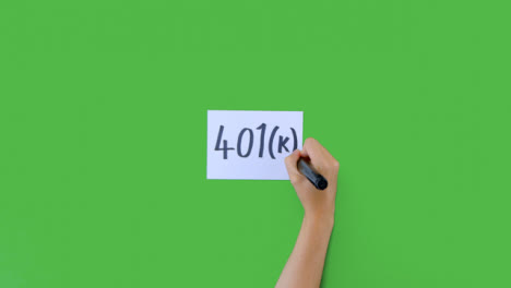 Woman-Writing-401k-on-In-Bold-Paper-with-Green-Screen